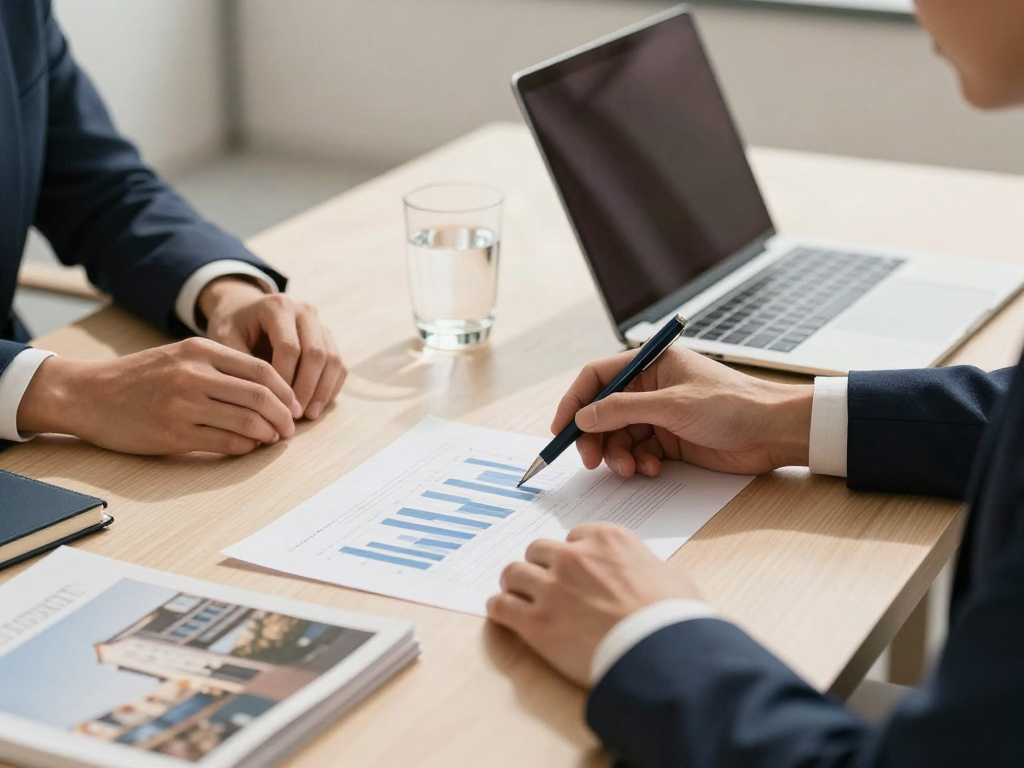 Consultants examining charts and strategic priorities during a business review