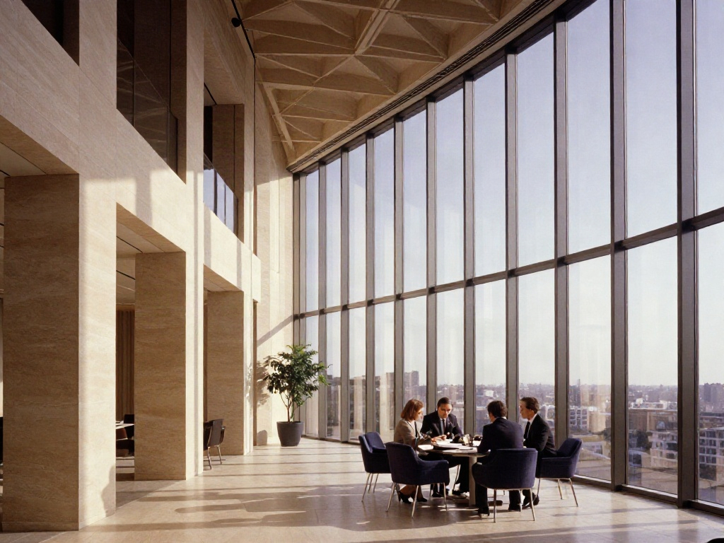 A sunlit contemporary office where consultants review business strategy together